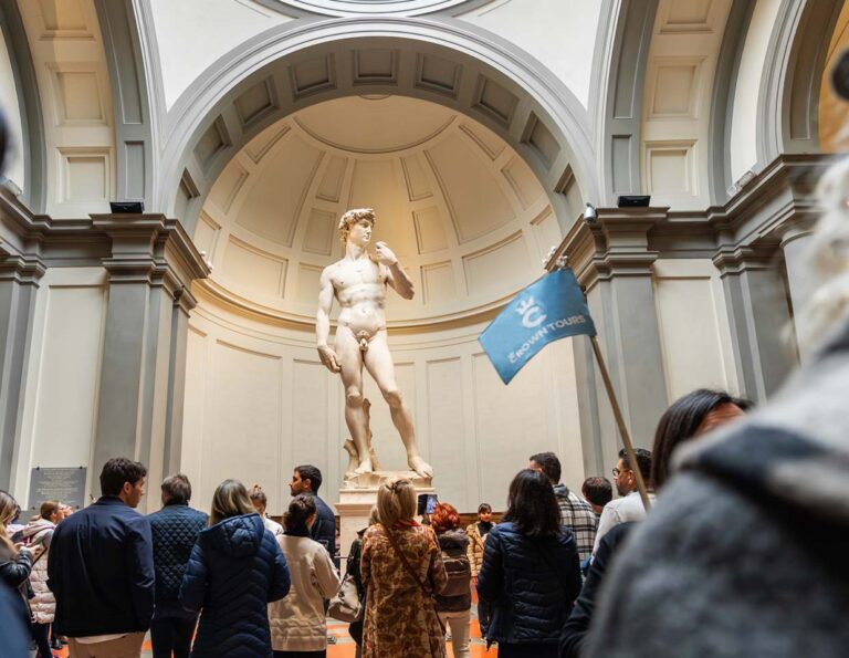 Front of Michelangelo's statue of David at the Accademia Gallery in Florence, Italy