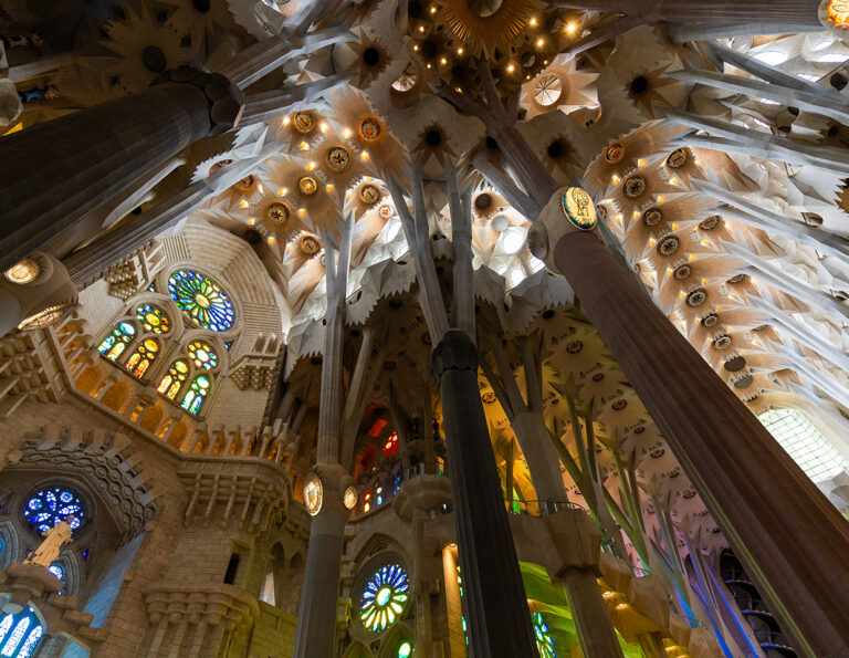 Interior of Sagrada Familia featuring unique columns