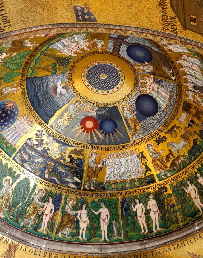 Intricate mosaic dome in St. Mark's Basilica Venice depicting religious scenes and figures